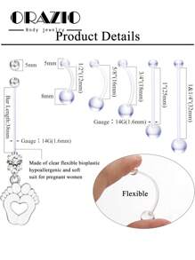 ORAZIO 1Pc Plastic Pregnancy Belly Button Rings Long Bar Maternity Belly Button Rings For Women Flexible Clear Navel Rings For Pregnant Sport Belly Piercing Retainer With Different Balls For - Clear - View 6