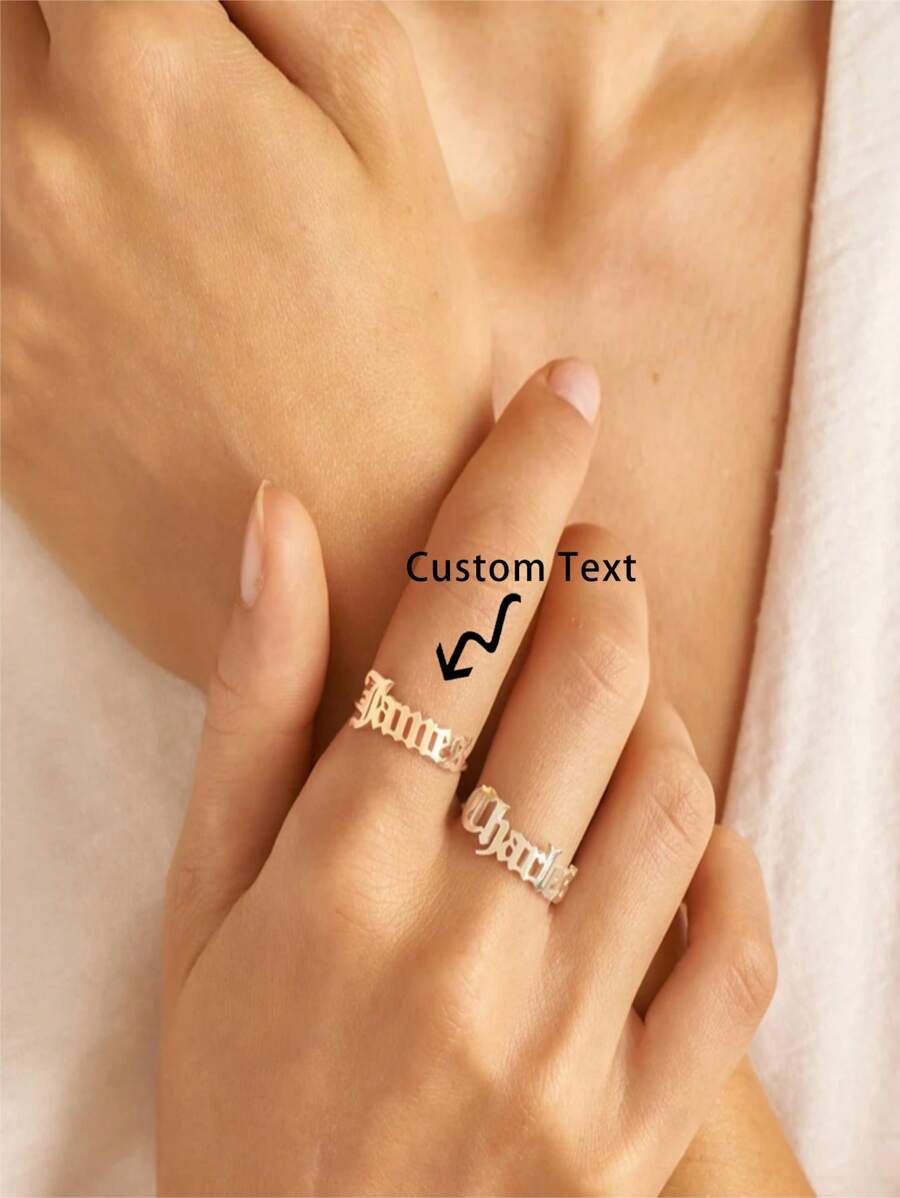 Minimalistischer offener Ring mit individuellem Namen für Frauen und Männer, personalisierter Namensring aus Edelstahl 18K vergoldet, verstellbarer Ring Namenschmuck, modisches Accessoire, Geburtstagsgeschenke - Goldgelb - Übersicht 1