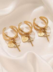1pc Stainless Steel Initial Letter Ring For Women Cross Pendant Rings Gold Color Open Ring Jewelry - Letter Ring - View 3