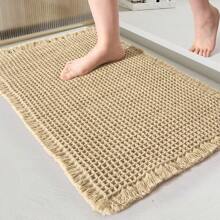 Tassel Waffle Rug Absorbent Bath Mat Soft Non-Slip Machine Washable Bathroom Door Mat Entrance Bedroom Solid Color Rugs ,Room Decor - Brown - View 1