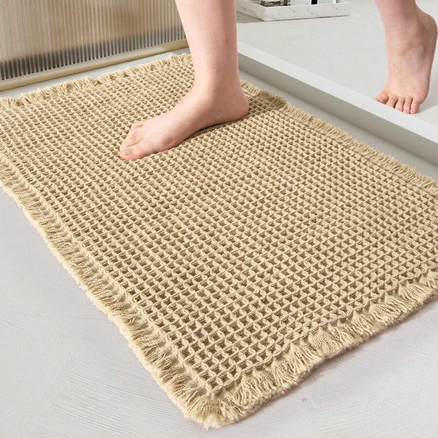 Tassel Waffle Rug Absorbent Bath Mat Soft Non-Slip Machine Washable Bathroom Door Mat Entrance Bedroom Solid Color Rugs ,Room Decor - Brown - View 1