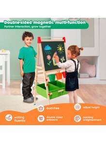 Kids Easel Wooden Kids Art Easel Double-Sided Standing Easel For Kids Height Adjustable Preschool Art Easel With Paper Roll Storage Box Watercolor Pen For 3-15 Years Old (Green)