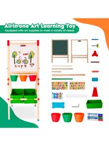 Kids Easel Wooden Kids Art Easel Double-Sided Standing Easel For Kids Height Adjustable Preschool Art Easel With Paper Roll Storage Box Watercolor Pen For 3-15 Years Old (Green)