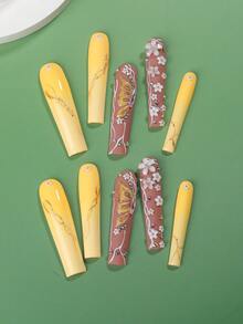 10pcs Y2K Extra Long 3D Handemade Press On Nails French Style Cool Summer Multi-Color Nails Hot Girl's Long Ballet Nails With Hand-Painted Butterfly Ribbon And Small Flower Rhinestone Decoration Square Long Nail Fake Nail, 1pc Nail File And 1pc Nail Glue, Suitable For Girls And Women Festival Parties And Daily Wear Holiday Gifts Nail Art Nail Salon