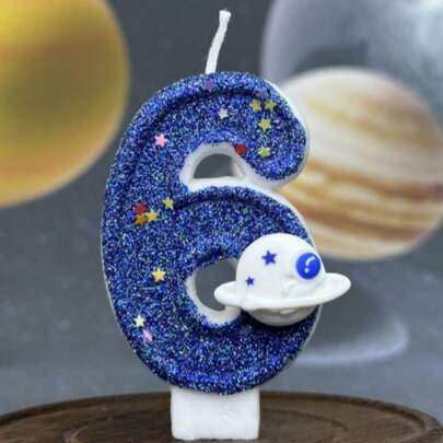 创意 0-9 数字字母生日蜡烛，手工制作 DIY 蛋糕装饰，节日和派对用品，蓝色、快乐星球和宇宙闪光彩绘蜡烛，适用于男士生日派对庆祝、圣诞节