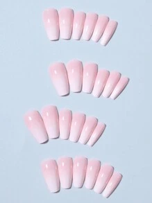 24 Stück Baby Boomer Nägel lange Sarg-Form Aufklebe-Nägel mittel, weiß-verlaufendes Design Künstliche Nägel Set, enthält 1 Stück Gelee-Kleber und 1 Stück Nagelfeile, einfach zu tragende Acryl-Kunstnägel für Frauen/Mädchen für Alltag, Feste, Partys, Nagelpflege-Zubehör