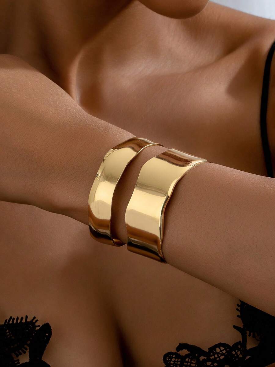 1pc Exquisite And Fashionable Wide Decorative Gold Bangle Suitable For Women's Evening Banquet/Party/Cocktail/Holiday Wear, Ideal Gift For Festivals - Gold Wide Bracelet - View 1