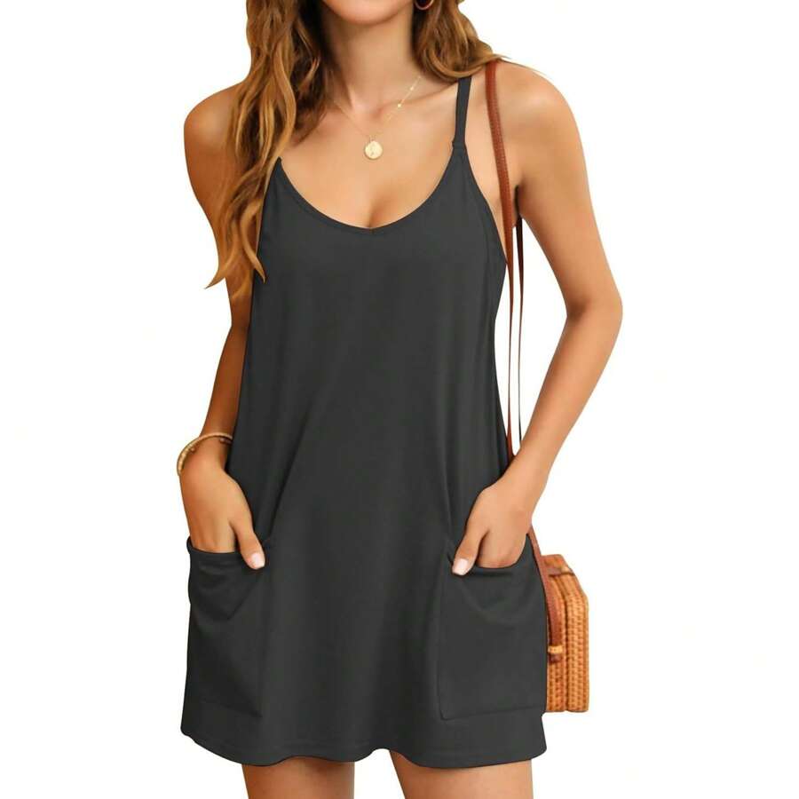 BZB Women's Summer Mini Dress Casual Workout Tennis Dress With Shorts Sleeveless Althletic Dresses - 深灰色 - 查看 1