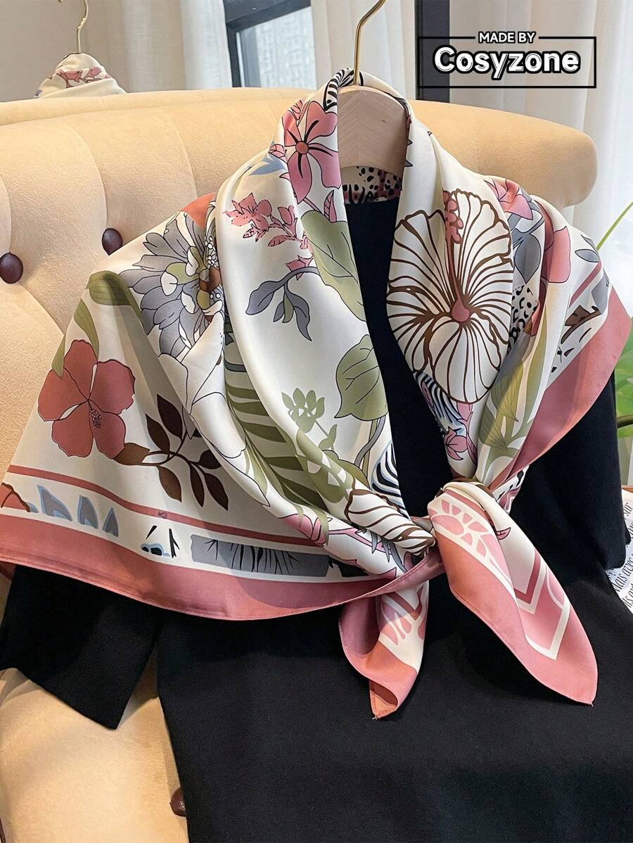1入花卉印花90cm斜紋圍巾，女士大手帕仿真絲頸巾，適用於裝飾頭巾，髮箍，頭帶，裝扮你的造型 - 彩色 - 查看 1