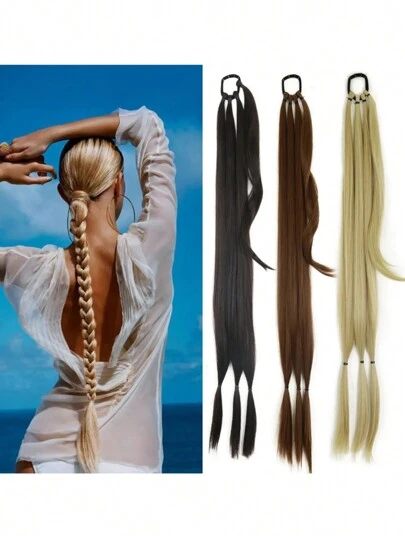 1 Pc Light Brown Long Braided Ponytail Extension With Hair Tie Straight Wrap Around Hair Extensions Ponytail Natural Soft Synthetic Hair Piece For Women Daily Wear 26 Inch 30 Inch 34 Inch