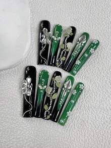 10入組Y2K特長款3D手工法式黑綠熱門女孩長芭蕾指甲，附閃亮鑽石長指甲片、1個美甲文件和1個指甲膠，適合女孩和女性節日派對、日常穿著和節日禮品 - 墨綠色 - 查看 2