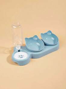 1pc Cat Ear Design Pet Double Bowl With Drinking Bottle For Dog And Cat For Drink More Water And Food Feeding - Light Grey - View 16