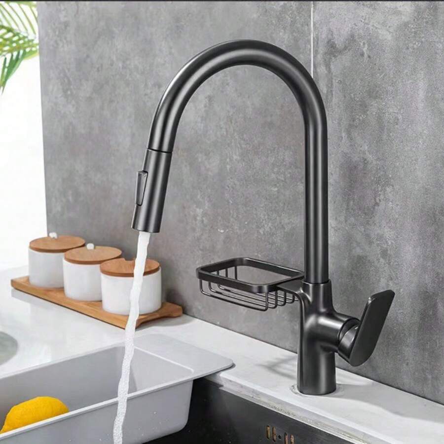 Bộ Vòi Chậu Bếp Có Vòi Kéo, Máy Trộn Nước Nóng Lạnh, Vòi Xoay Có Giá Để Đồ, Vòi Nước Gia Dụng Cao Cấp Mới - Xám - Xem 1