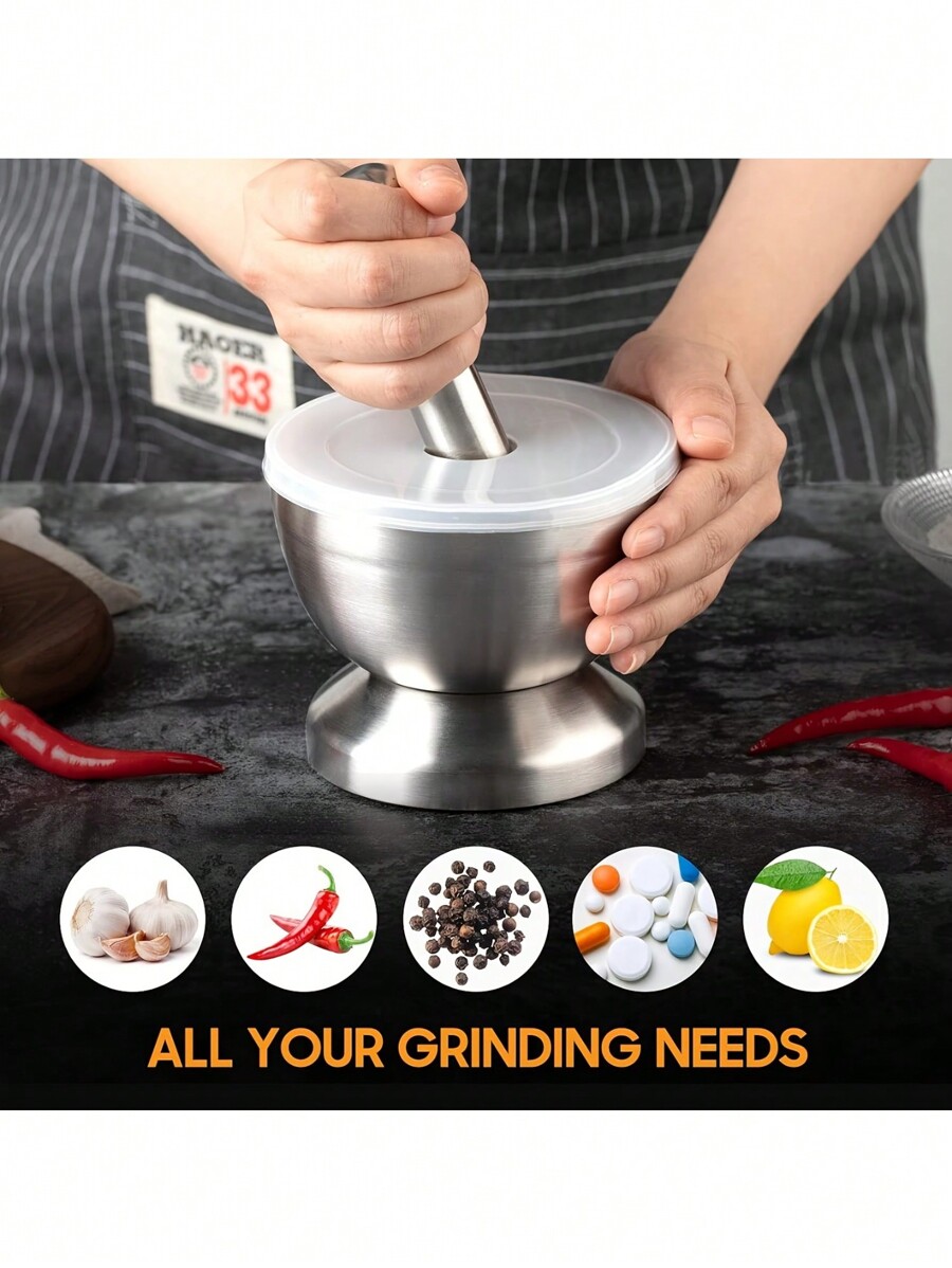 304 Stainless Steel Mortar And Pestle Garlic Masher Spices Grinder Pill Crusher (With Plastic