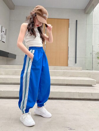 Tween 女童拼色条纹慢跑裤，夏季休闲