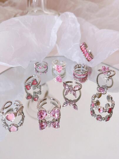 10pcs Y2K Pink Crystal Rings For Women Girls Romantic Heart Bowknot Adjustable Ring Girlish Butterfly Finger Ring New Fashion Jewelry Gifts Valentines,Mom,Mother,Mother's Day,Gift