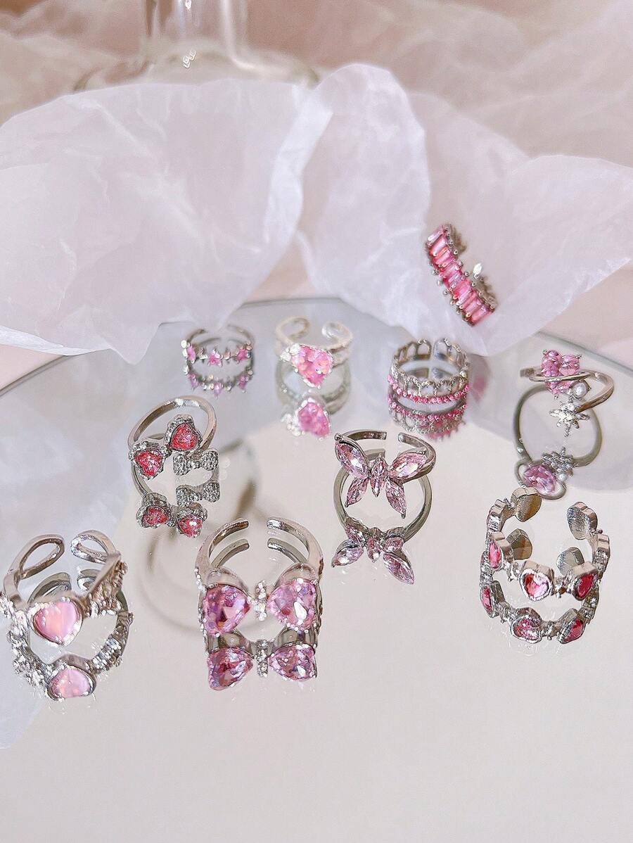 10 件 Y2K 粉水晶戒指，适合女士，女孩，浪漫心形蝴蝶结可调节戒指，少女蝴蝶指环，新时尚珠宝礼物，情人节、妈妈、母亲、母亲节、礼物 - 粉色 - 查看 1