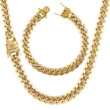 putouzip 2pcs Thick 18K Gold Plated Fully Iced Out Stainless Steel Men 10MM Miami Link Chain Curb Necklace Bracelet Set - 金色 - 查看 1