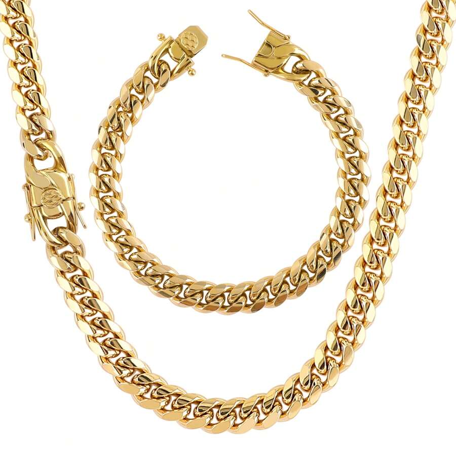putouzip 2pcs Thick 18K Gold Plated Fully Iced Out Stainless Steel Men 10MM Miami Link Chain Curb Necklace Bracelet Set - 金色 - 查看 1