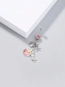 Pink Mermaid Scale Stud With Rhinestone, Starfish, And Seashell Design Belly Button Ring - 1pc - Silver - View 3