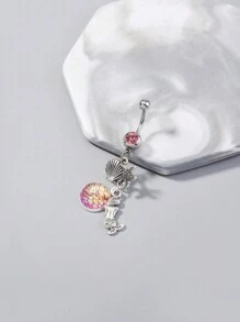 Pink Mermaid Scale Stud With Rhinestone, Starfish, And Seashell Design Belly Button Ring - 1pc - Silver - View 4