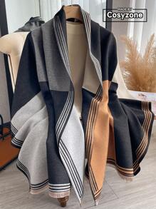 優雅1入女性時尚雙面仿卡仕米爾拼色冷氣披肩，厚實保暖圍巾，適用於秋冬日常穿著 - 彩色 - 查看 1