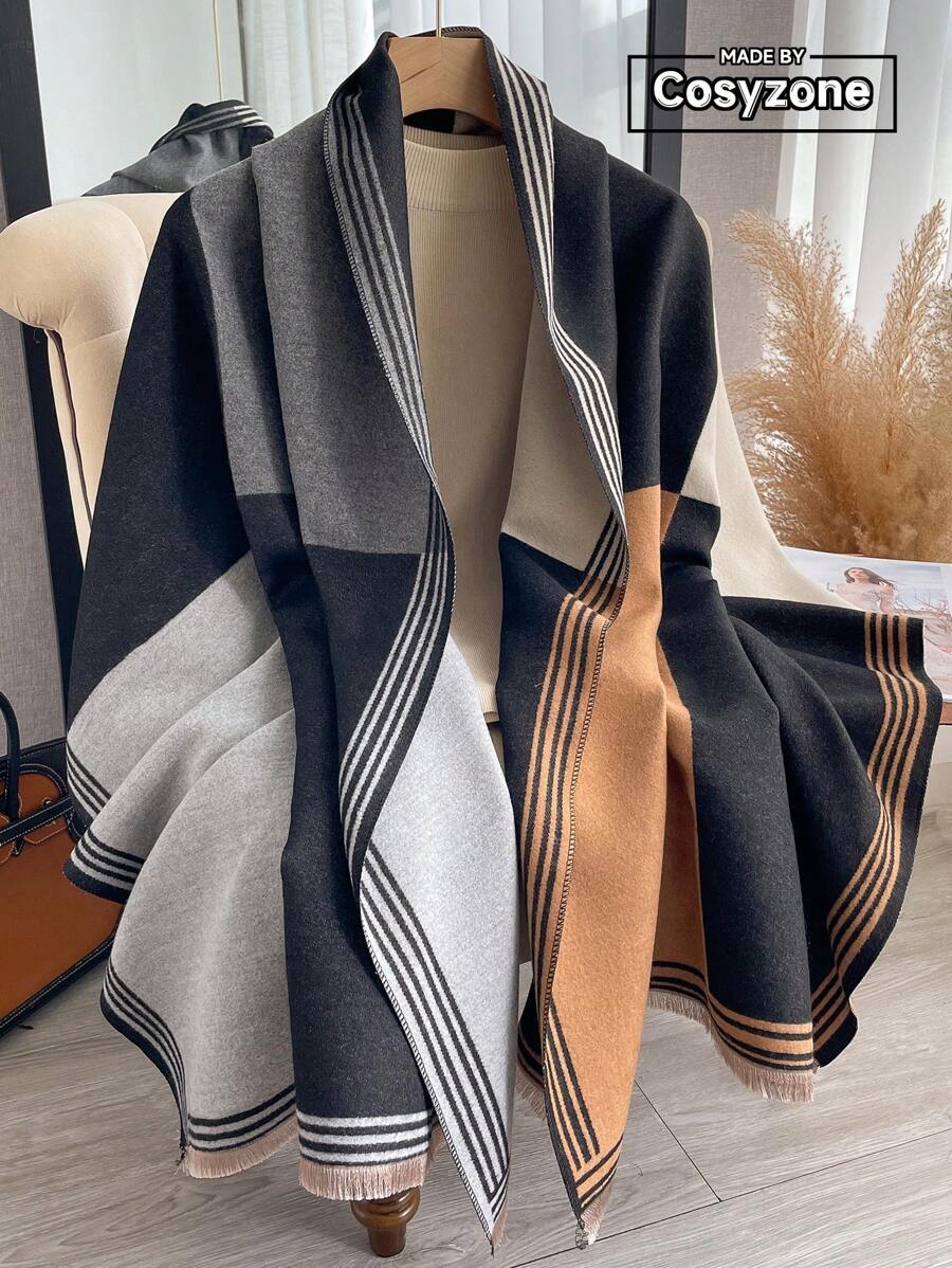優雅1入女性時尚雙面仿卡仕米爾拼色冷氣披肩，厚實保暖圍巾，適用於秋冬日常穿著 - 彩色 - 查看 1