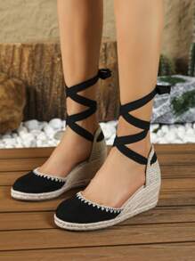 Sandalias de cuña con trenzado para mujer con plataforma impermeable y tacones gruesos, sandalias cerradas con punta redonda para lucir en vacaciones, verano - Negro - Ver 3