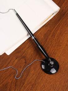 1pc High-End Black Business Signing Pen With Desk Attachment, Suitable For Office, Bank, And Other Formal Settings. Comes With Adhesive Strip And Retractable Cord To Prevent Loss. Back To School