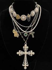 2 pièces Ensemble de collier multicouche avec pendentif croix et cœur en acier de titane vintage, pour la Saint-Valentin, la Mère, la Fête des Mères, cadeau