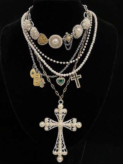 2 件复古钛钢和心形吊坠多层项链套装情人节、妈妈、母亲、母亲节、礼物