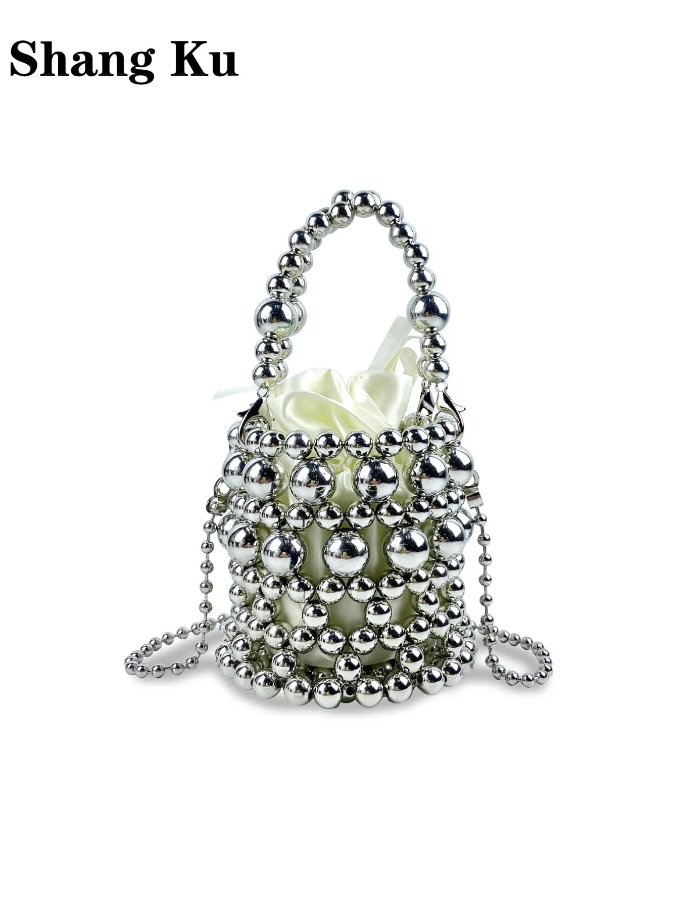2024 New Korean Trendy Sheer Pearl Chain Mini Bucket Bag, Handbag & Shoulder Bag For Women SHEIN