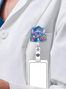1pc Cartoon, Stitch, Retractable Badge Reel, Acrylic Name Badge Holder For Nurses, Office Workers - Multicolor - View 5