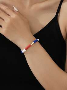 1 pieza Brazalete rojo, blanco y azul con cuentas para mujeres en el Día de la Independencia estadounidense - Multicolor - Ver 1