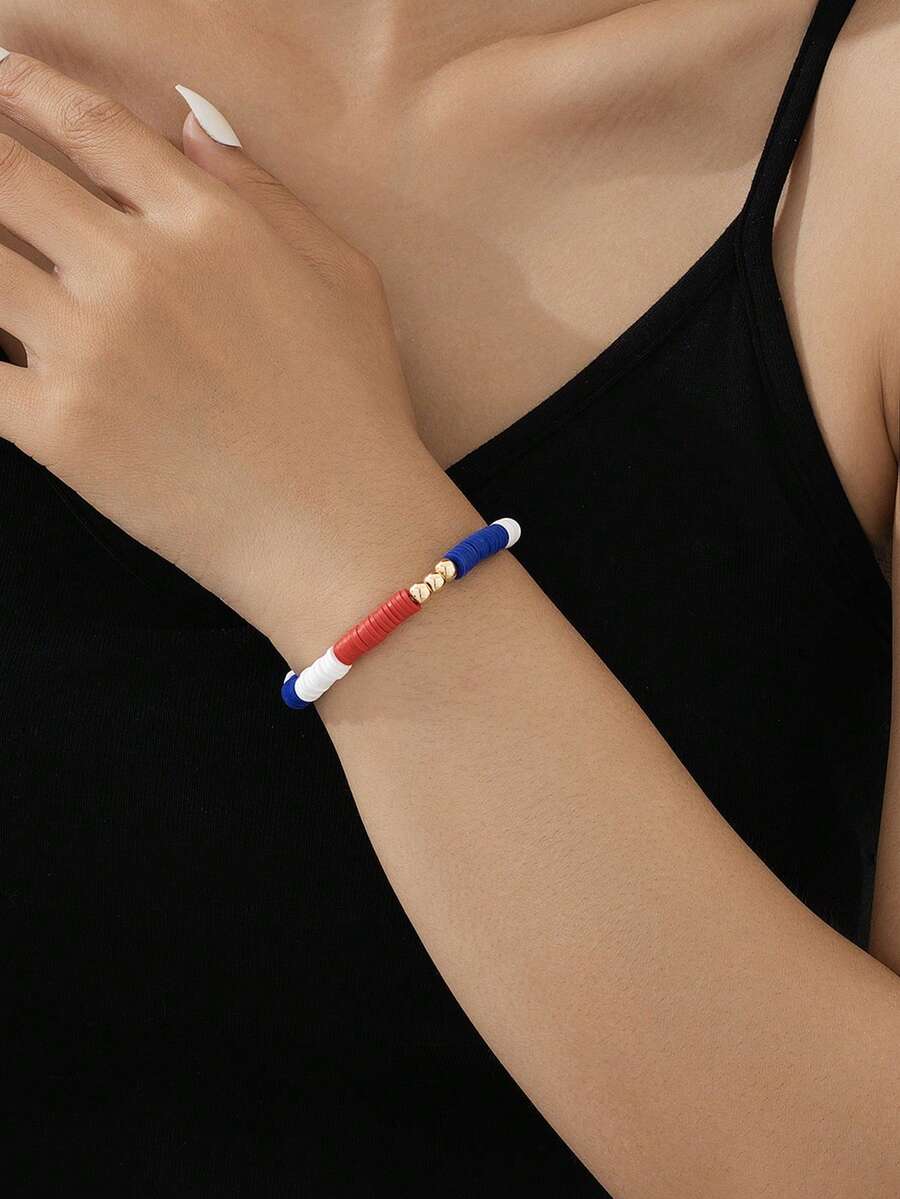 1 pieza Brazalete rojo, blanco y azul con cuentas para mujeres en el Día de la Independencia estadounidense - Multicolor - Ver 1