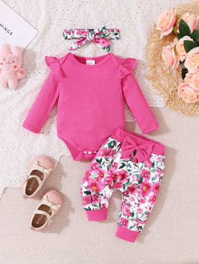 Baby Girl Fall/Winter Coral Ribbed Long Sleeve Bodysuit With Flower Printed Long Pants