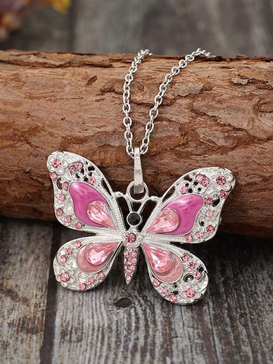 Rhinestone Butterfly Charm Necklace - Pink - View 1