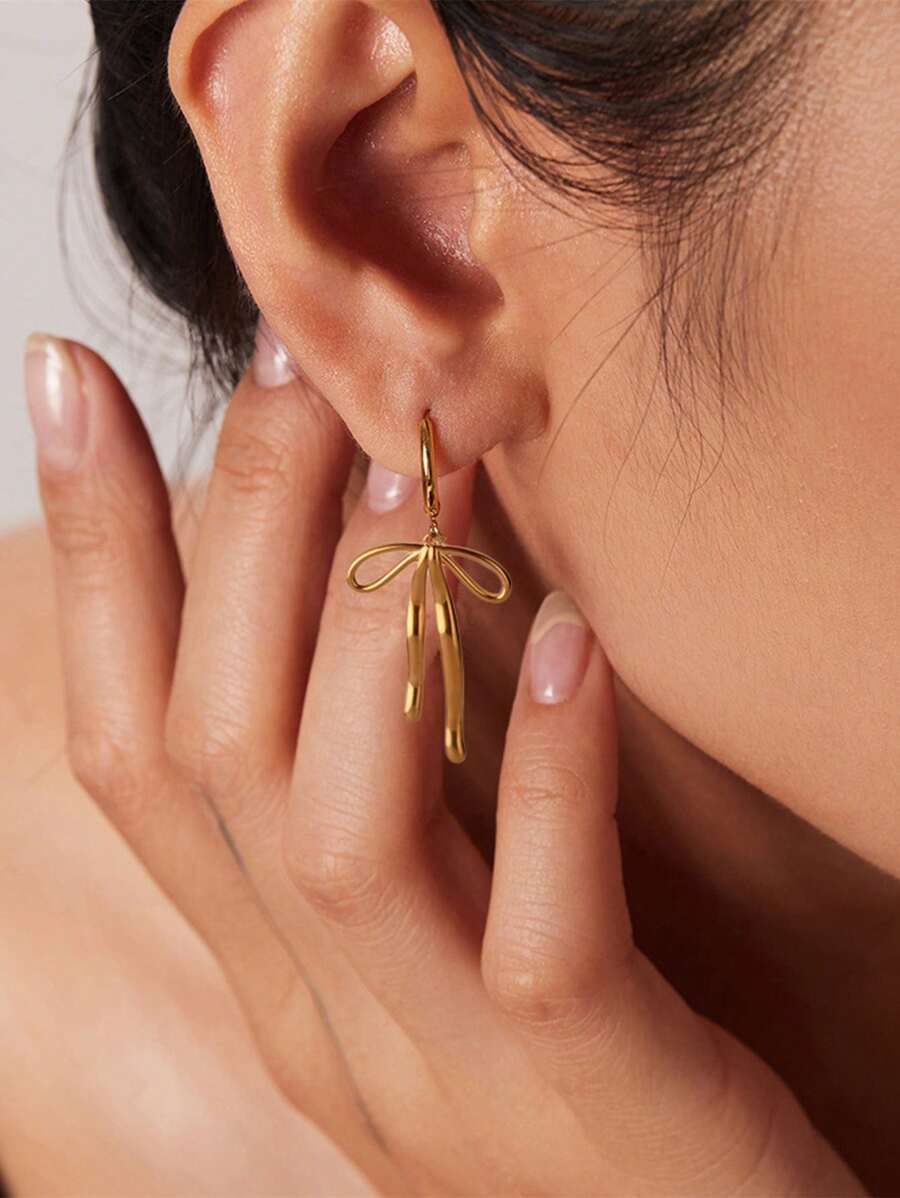 1 对不锈钢防水长金色蝴蝶结耳环，防褪色，适合女性日常佩戴情人节、妈妈、母亲、母亲节、礼物