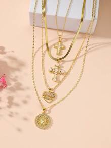 4入組歐美風格元素人工珍珠吊墜套裝，立體方形雪花石心臟和“愛你”標籤，聖母瑪利亞多層項鏈套裝，適用於派對和節日