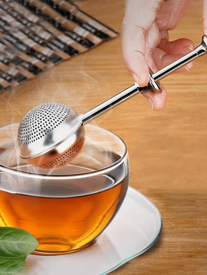1pc Stainless Steel Tea Strainer, Press Type Tea Filter With Handle, Snap Ball Tea Strainer, Multi Tea Slag Ball, Spring Tea Strainer, For Home Office Restaurant, Tea Supplies Back To School