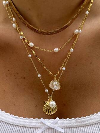 Shescity 4pcs/Set Beach Style Starfish, Shell, Pearl, Snake Bone Necklace Set For Women