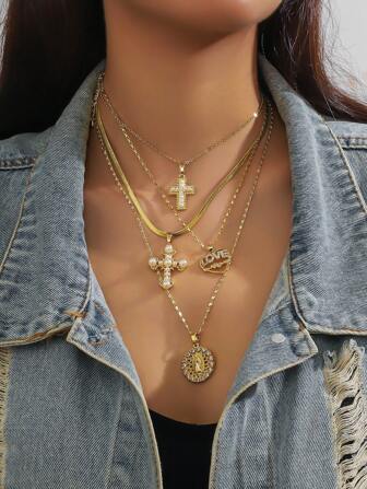4pcs European And American Style  Element Faux Pearl Cross Pendant Set With Cubic Zirconia Heart & 'Love You' Tags, Virgin Mary Multi-Layer Necklace Set, Perfect For Parties And Festivals