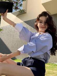 [Y6Y] Women's Spring Striped Bell Sleeve Shirt, Open Collar Regular Hem Fashionable Woven Blouse, Suitable For Office, Casual And Commuting Wear - Blue - View 3