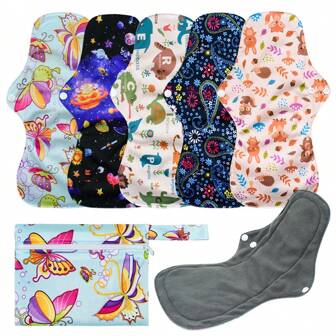 7 包可重复使用卫生巾，竹布卫生巾，适用于大量经血，带湿袋，大号卫生巾套装，带护翼，可洗夜用布卫生护垫，颜色随机，6 片卫生巾 + 1 个湿袋