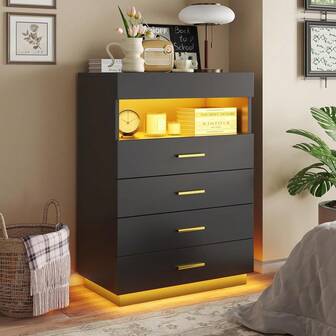 4 Drawer Dresser With LED Lights, Chest Of Drawer For Bedroom, Black