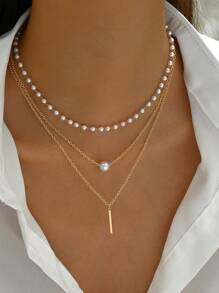 1 件多层金属圆盘和人造珍珠简约时尚项链（手工切割链长、可变珍珠数量、可变水晶尺寸） - 金黃色B - 查看 2