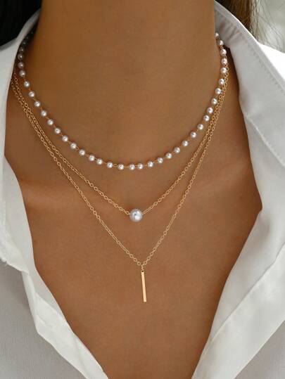 1 pieza Collar minimalista de moda de disco metálico multicapa y perla artificial (longitud de cadena cortada a mano, cantidad de perlas variable, tamaño de cristal variable)