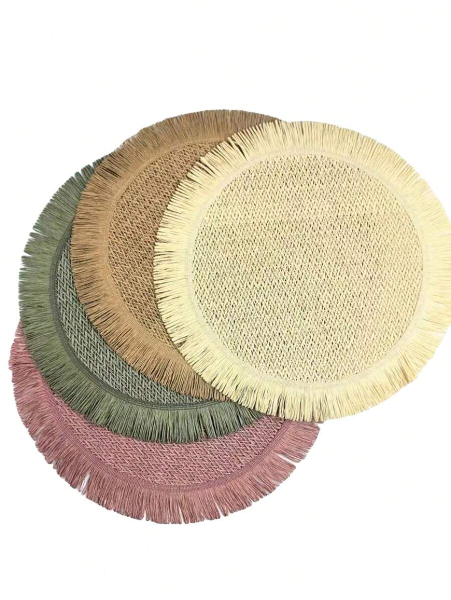 2 piezas/4 piezas/8 piezas Conjunto de individuales de papel con borlas redondas, individuales tejidos a mano naturales resistentes al calor de 15 pulgadas, adecuados para reuniones familiares, bodas y fiestas - Multicolor - Ver 1
