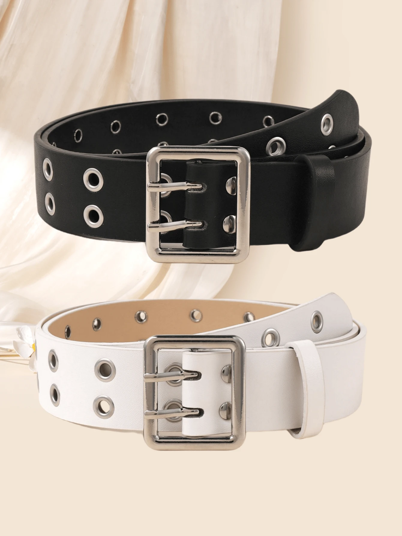 2pcs/Set Double Pin Square Buckle Belt, Fashionable & Versatile Accessory Halloween Summer, School Fall, Autumn, Halloween - Black and White - View 1