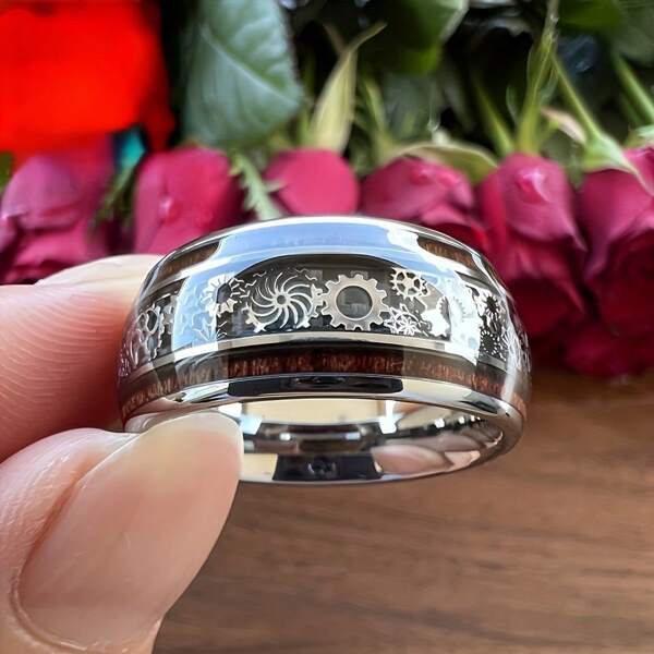 1pc Fashion 10mm Silver Color Steampunk Gear Wheel Stainless Steel Rings Inlay Koa Wood Rings For Men High Polished Hiphop Punk Rock Biker Party Jewelry Gift